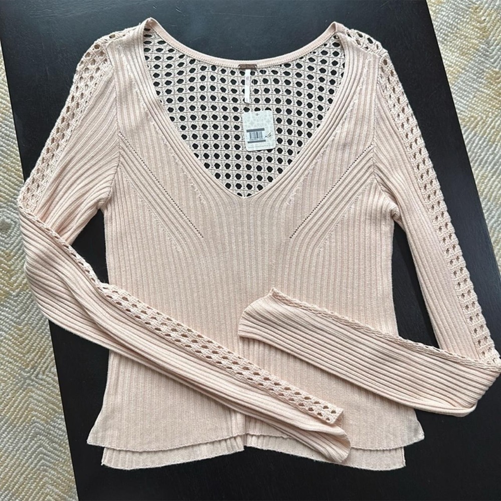 free people starlight lightweight light pink sweater with open weave back